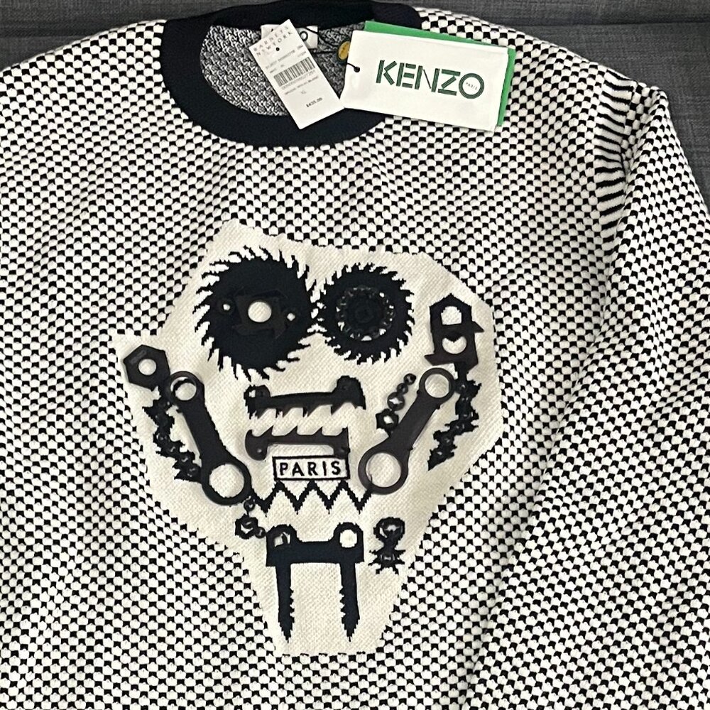 Rare Kenzo Wool Sweater with Sewn Physical Mechanical Pieces NWT
